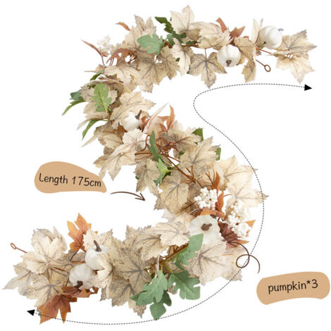 Guirlande Décorative Automne 180 Cm - Feuilles D'érable, Citrouilles Blanches, Baies, Pour Halloween, Thanksgiving