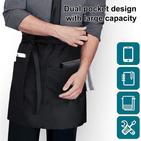 Lot De 4 Tabliers Serveur Noir – 40x60 Cm, 2 Poches – Polyester Hydrofuge, Pour Restaurant, Café