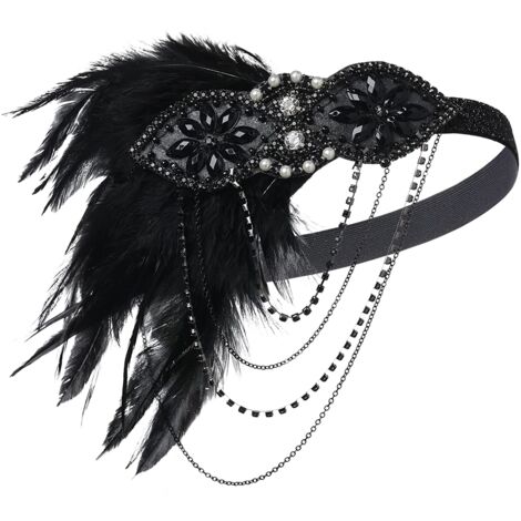 Bandeau style années 20, coiffe inspirée du Grand Gatsby, bandeau à plumes noires, accessoires pour cheveux style années 20. (1/4)