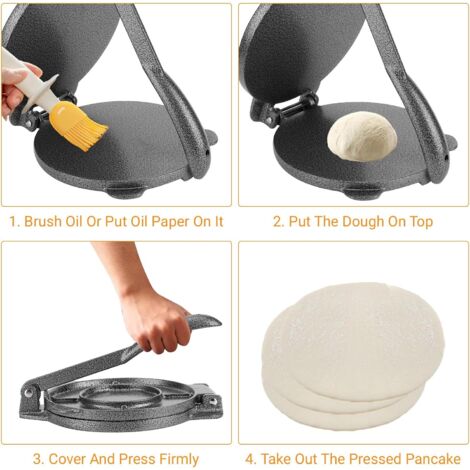 Roti Maker Presse à tortilla en fonte, 20 cm, machine à tortilla pré-enduite de maïs ou de farine, presse à farine, en fonte durable, pataconera, pâte à roti (noir
