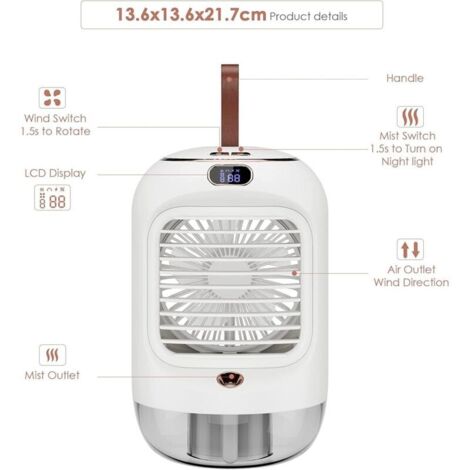 Refroidisseur D'Air Portable 4 En 1 Rechargeable Avec 6 Bacs à Glace - Mini Climatiseur USB Pour Bureau, Tente Et Chambre