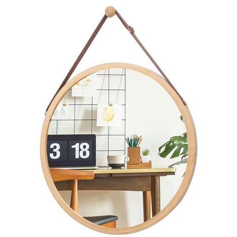 👉 Miroir Rond Contour Bois - 40 cm - Déco Murale avec Sangle Tendance
