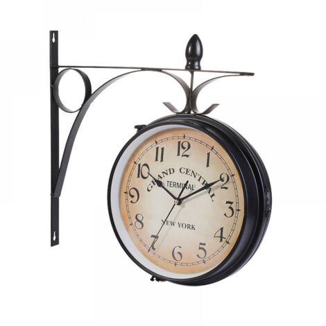 Reloj de pared doble cara, reloj de jardín retro europeo con doble superficie de vidrio, reloj decorativo vintage colgante con soporte, interior y exterior (sin pila)