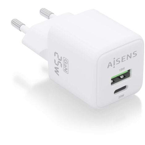 Cargador Gan de Pared Aisens ASCH-25W2P014-W/ 1xUSB Tipo-C/ 1xUSB/ 25W (1/2)