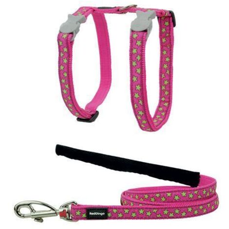 Laisse et harnais chat rose etoiles vertes tour de cou : 21 a 35cm, laisse 1,2m (1/2)