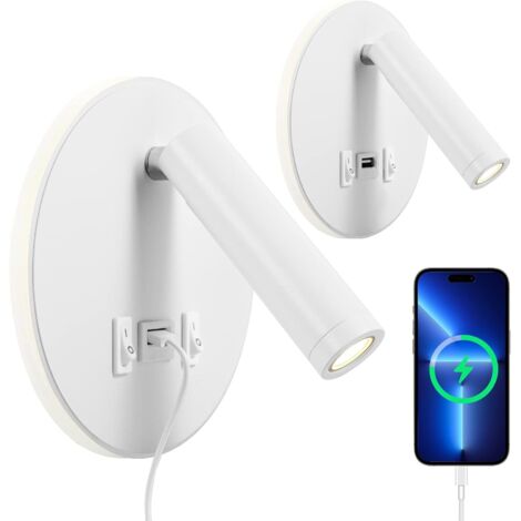 Lampe de lecture LED, Applique Murale d'intérieur 3W 3000K + 8W 3000K, Liseuse de chevet avec port de charge USB et interrupteur, éclairage d'ambiance de chambre à coucher Spot réglable (2 blancs) (1/5)