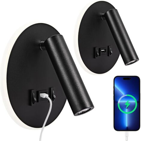 Lampe de lecture LED, Applique Murale d'intérieur 3W 3000K + 8W 3000K, Liseuse de chevet avec port de charge USB et interrupteur, éclairage d'ambiance de chambre à coucher Spot réglable (2 noirs) (1/5)