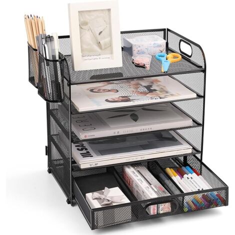 Bac à courrier en Maille, Organiseur de Bureau, Porte-Documents A4 pour la Maison, Le Bureau, l'école (Maille Métallique-5 Niveaux + Tiroir + Porte Stylo) (1/5)