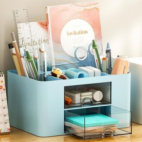 Organisateur de Bureau Multifonctionnel, Rangement en Plastique avec 5 Compartiments, 2 Tiroirs Coulissants, Organisateur de Maquillage Boîte à Cosmétique pour Maison École Bureau (Bleu) (1/2)