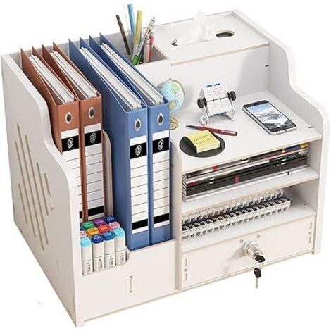 Organisateur de Bureau Bois, Grande Organiseur Bureau, Rangement Bureau Organisateur Pour Fournitures de Bureau Pour La Maison, Le Bureau et L'éCole(Blanc) (1/5)