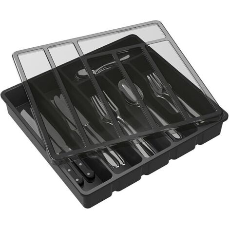 Range Couverts pour Tiroir avec Couvercle, Boîte de Rangement Couverts de Cuisine, Organisateur de Couverts en Plastique, pour Cuillères Fourchettes, Couteaux, 6 Compartiments, Noir