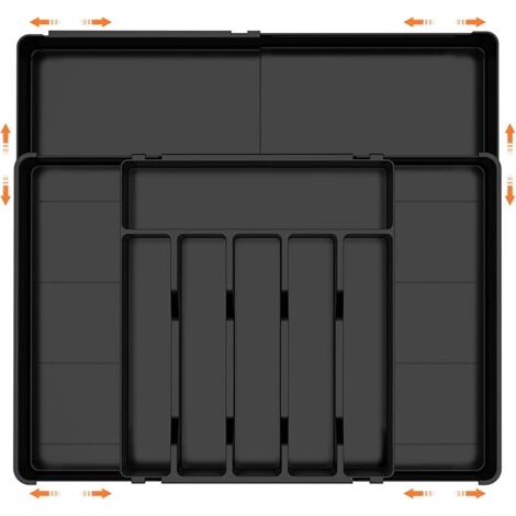 Range Couverts pour Tiroir,6-9 Compartiments,Plateau d'Ustensiles Extensible pour Tiroir,36.5cm-54cm,pour Cuillères Fourchettes Couteaux Vaisselle,Robuste,Facile nettoyer,Noir (1/5)