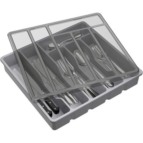 Range Couverts pour Tiroir avec Couvercle, Boîte de Rangement Couverts de Cuisine, Organisateur de Couverts en Plastique, pour Cuillères Fourchettes, Couteaux, 6 Compartiments, Gris (1/5)