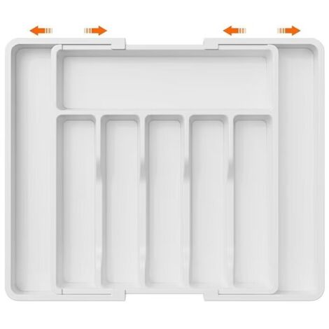 Range Couverts, Plateau d'Ustensiles Extensible pour Tiroir, Organisateur de Tiroir Réglable pour la Cuisine, Rangement Compact en Plastique pour contenir des Cuillères, Fourchettes, Blanc (1/5)
