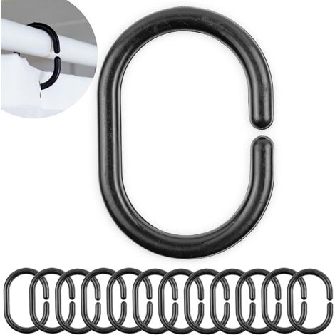 Anneaux pour Rideaux de Douche, 12 pièces, en Noir, Taille 46 x 29 mm, Anneaux de Douche en Plastique Robuste, Crochets de Assez pour Tiges de courtine de Bain, Boucle de Rideau de averse Noirs (1/5)
