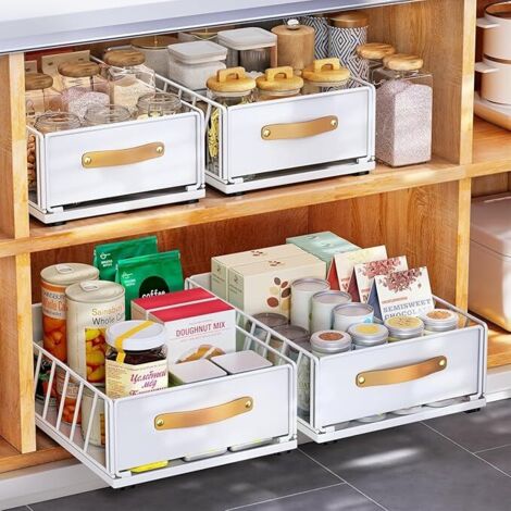 Tiroir Coulissant Cuisine, Organiseur D'armoire Coulissant Fixé Avec Un Nano Film Adhésif, étagères De Garde-Manger Coulissantes Robustes, 40 Profondeur x 25 Largeur x 16 Hauteur cm,Blanc