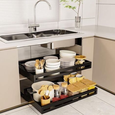 Organisateur de tiroir extensible 39-60cm – Rangement sans perçage pour cuisine et salle de bain – Accès facile aux ustensiles – Noir