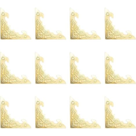 Lot de 12 équerres de coin plates décoratives en métal à motif floral vintage pour porte d'armoire, boîte en bois, doré