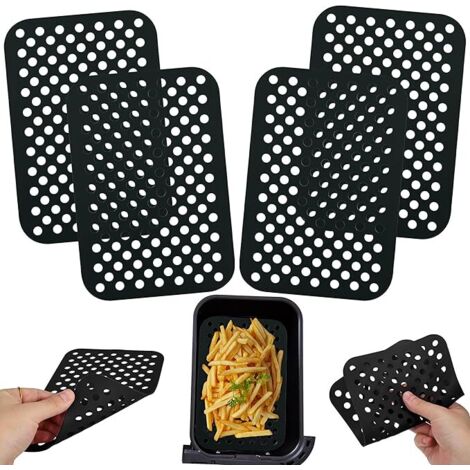 Lot de 4 tapis de friteuse rectangulaires en silicone de 20 cm, anti-adhésifs, perforés, réutilisables, résistants à la chaleur et passent au lave-vaisselle, idéal pour panier de friteuse à air (1/5)