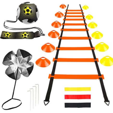 Accessoires d'entraînement de football - Échelle d'agilité de 6 m, 12 cônes orange/jaune, 4 piquets de terre, 3 bandes de résistance (valeurs différentes), parachute de vitesse et bande de (1/5)