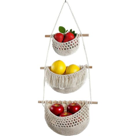 Organiseur décoratif à suspendre style bohème – Rangement suspendu en macramé à 3 niveaux avec bâtons en bois, sac mural à suspendre, panier à fruits pour cuisine, salon et chambre d'enfant (beige) (1/5)