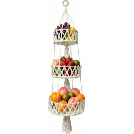 Corbeille à fruits bohème tissée à la main à 3 étages en coton - Panier suspendu pour fruits et légumes - Décoration de cuisine - Blanc crème (1/5)