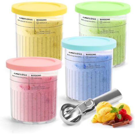 Bacs à Crème Glacée pour Ninja Creami, Lot de 4 Récipients à Crème Glacée avec Couvercles et Cuillères, Pot Glace Réutilisables Compatible avec Ninja Sorbetières Deluxe NC501 NC500 Series