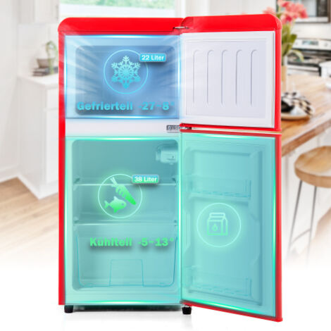 Réfrigérateur rétro 2 portes 60 L LED rouge premium classe énergétique E