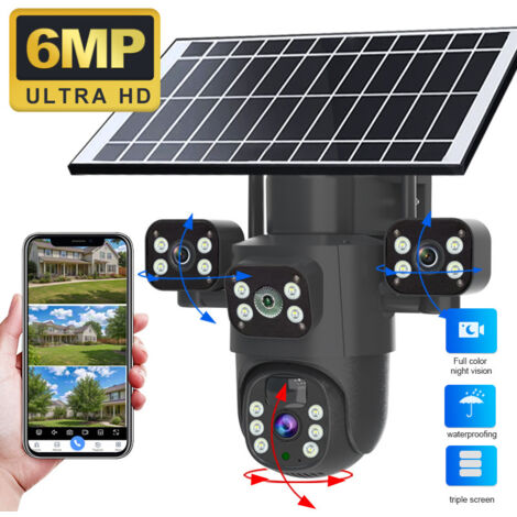 Caméra de Surveillance Solaire WiFi Noir, Trois Objectifs 6MP Ultra HD, Vision Triécran Simultanée, Panoramique 360°, Étanche Extérieur, Modèle Avion EXF QS12 B6T pour Maison Jardin (1/4)