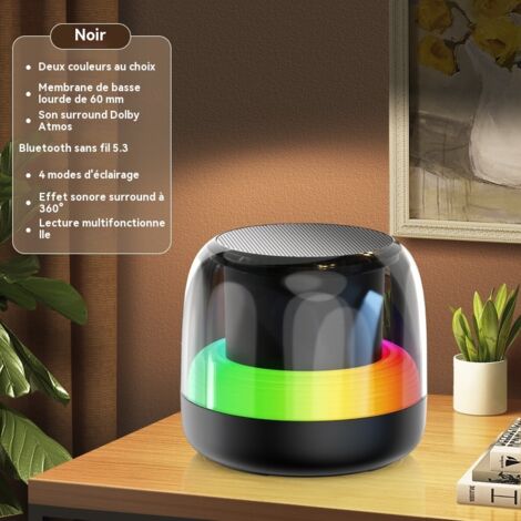 Enceinte Bluetooth DZ018 Noir, Subwoofer Portable avec Lumière d'Ambiance Verre de Cristal RGB, Bluetooth 5.3, TWS Interconnexion, 5W Son Surround 360°, 10 Heures d'Autonomie pour Maison Bureau Voitur