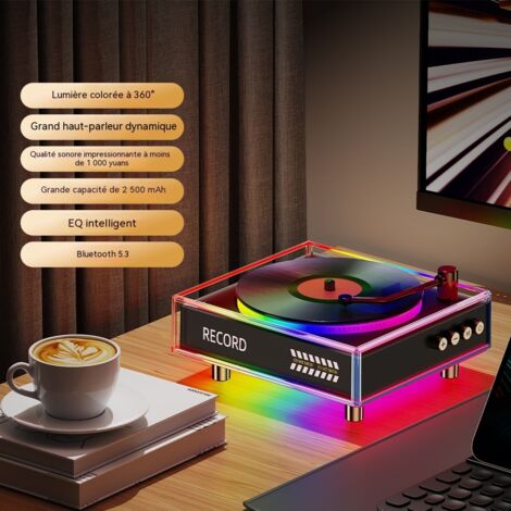 Enceinte Bluetooth 5.3 Noir, Enceinte de Disque Vinyle avec Effet Lumière RGB, Subwoofer 10 Watts Son HiFi Stéréo, Batterie 2500 mAh, EQ Intelligent, Portable pour Maison Bureau Voiture Extérieur