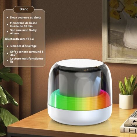Enceinte Bluetooth DZ018 Noir, Subwoofer Portable avec Lumière d'Ambiance Verre de Cristal RGB, Bluetooth 5.3, TWS Interconnexion, 5W Son Surround 360°, 10 Heures d'Autonomie pour Maison Bureau Voitur