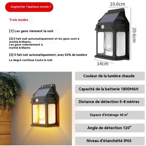 Applique murale solaire extérieure avec détecteur de mouvement, lampe LED d'ambiance à lumière chaude pour jardin terrasse et entrée, étanchéité IP65