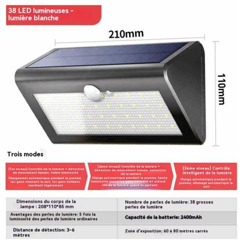 Applique murale solaire extérieure avec détecteur de mouvement, 38 LED lumière blanche ultra-brillante, étanchéité IP65 pour jardin terrasse et entrée (1/5)