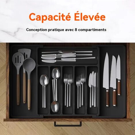 Boîte de rangement extensible pour couverts et ustensiles de cuisine, 8 compartiments, organisateur de tiroir ajustable pour couteaux fourchettes cuillères, capacité élevée (1/4)