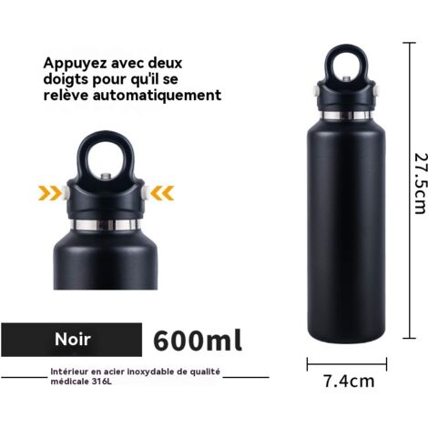 Gourde isotherme noire sans filetage acier inoxydable 316, ouverture rapide, conserve chaud et froid, extérieur (1/4)