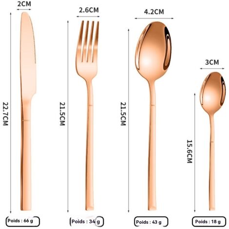 Couverts en acier inoxydable, coffret chevalier 24 pièces, 4 pièces principales, couverts à steak doré, style épuré