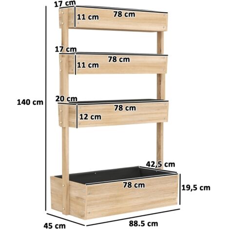 Jardinière surélevée en bois avec 4 étages, escalier de fleurs avec doublure, trous de drainage bois naturel