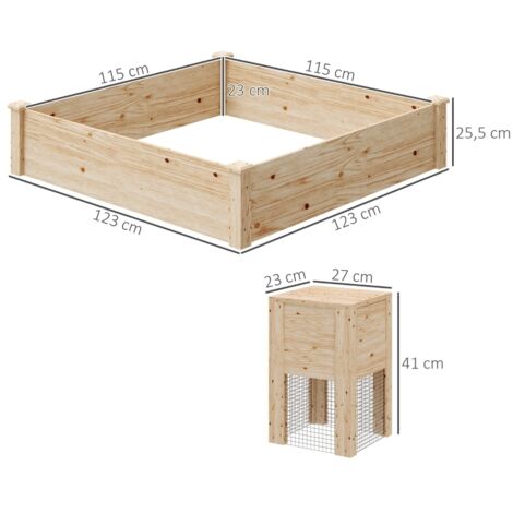 Jardinière en bois carré potager extérieur bois avec bac à compost design à fond ouvert 123 x 123 x 25,5 cm bois naturel