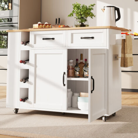 Îlot cuisine avec multiprise, casier à vin, rangement bois, meuble cuisine blanc