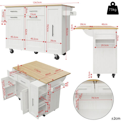 Îlot cuisine moderne buffet, rangements extensibles, meuble multifonction blanc