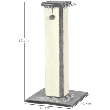 Poteau griffoir chat sisal peluche, boule suspendue, base stable, design gris et crème