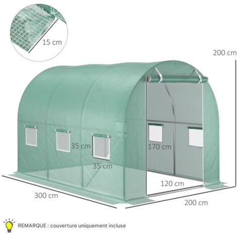 Bâche de serre PE 3x2m verte anti-UV, 6 fenêtres porte enroulable pour agriculture et potager