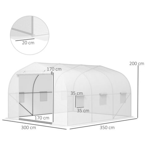 Serre tunnel blanche 3,5x3x2m acier PE, 6 fenêtres porte sectionnelle pour jardin