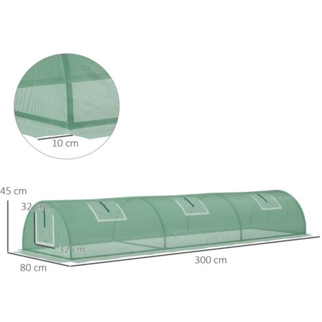 Petite serre verte 300x80x45cm acier PE PP, 5 fenêtres grille centrale pour semis (1/3)