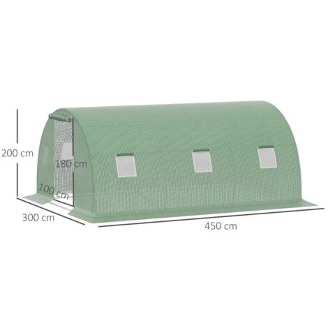 Serre tunnel extérieure 4,5x3x2m PE verte, porte zippée 6 fenêtres pour potager (1/4)