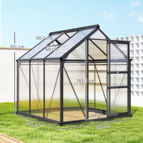 Serre de jardin polycarbonate 3,65m² grise 190x192x201cm, anti-UV gouttière fondation