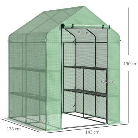 Serre de jardin verte 143x138x190cm, étagères plantes PE porte enroulable (1/4)