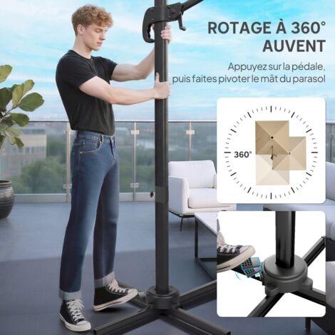 Parasol déporté carré 3x3m kaki, rotation 360° inclinable 5 positions ...