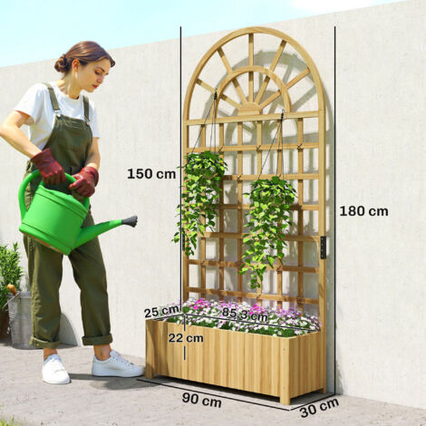 Jardinière avec treillis, bac à fleurs, avec trous de drainage, en bois massif, 90 x 30 x 180 cm, effet bois naturel